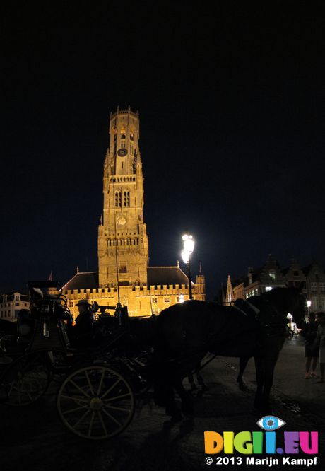 SX30161-2 Belfry tower and horse drawn carriages at night